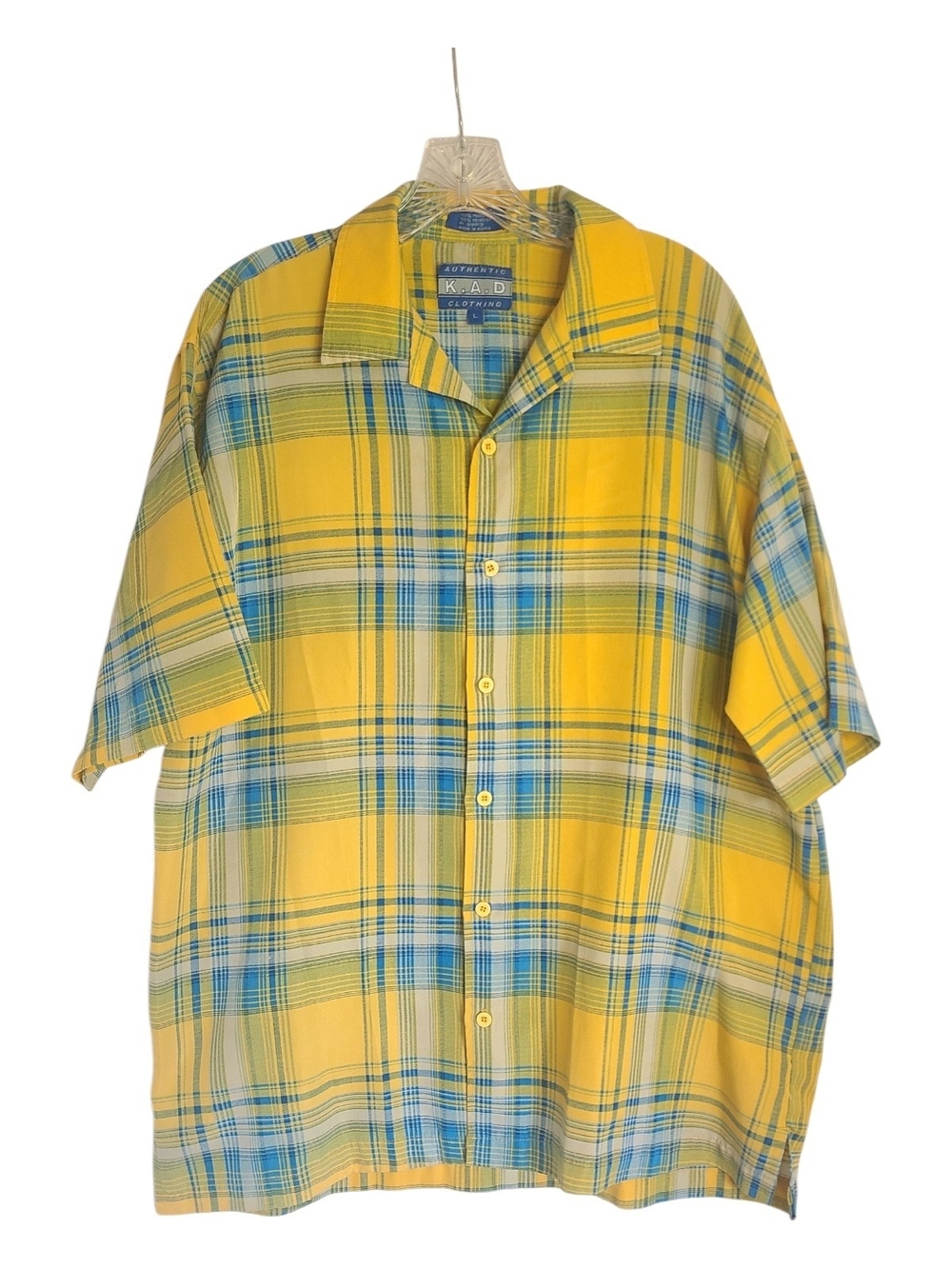Authentic K.A.D. Clothing Plaid Short Sleeve Button Up Shirt Yellow Blue L